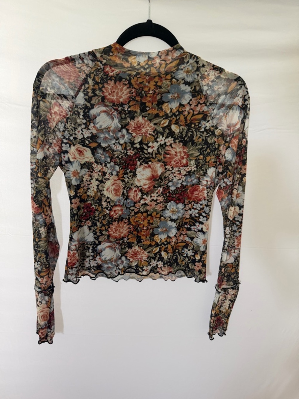 Promesa Floral Mesh Sheer Top Medium Long Sleeve Mock Neck Boho